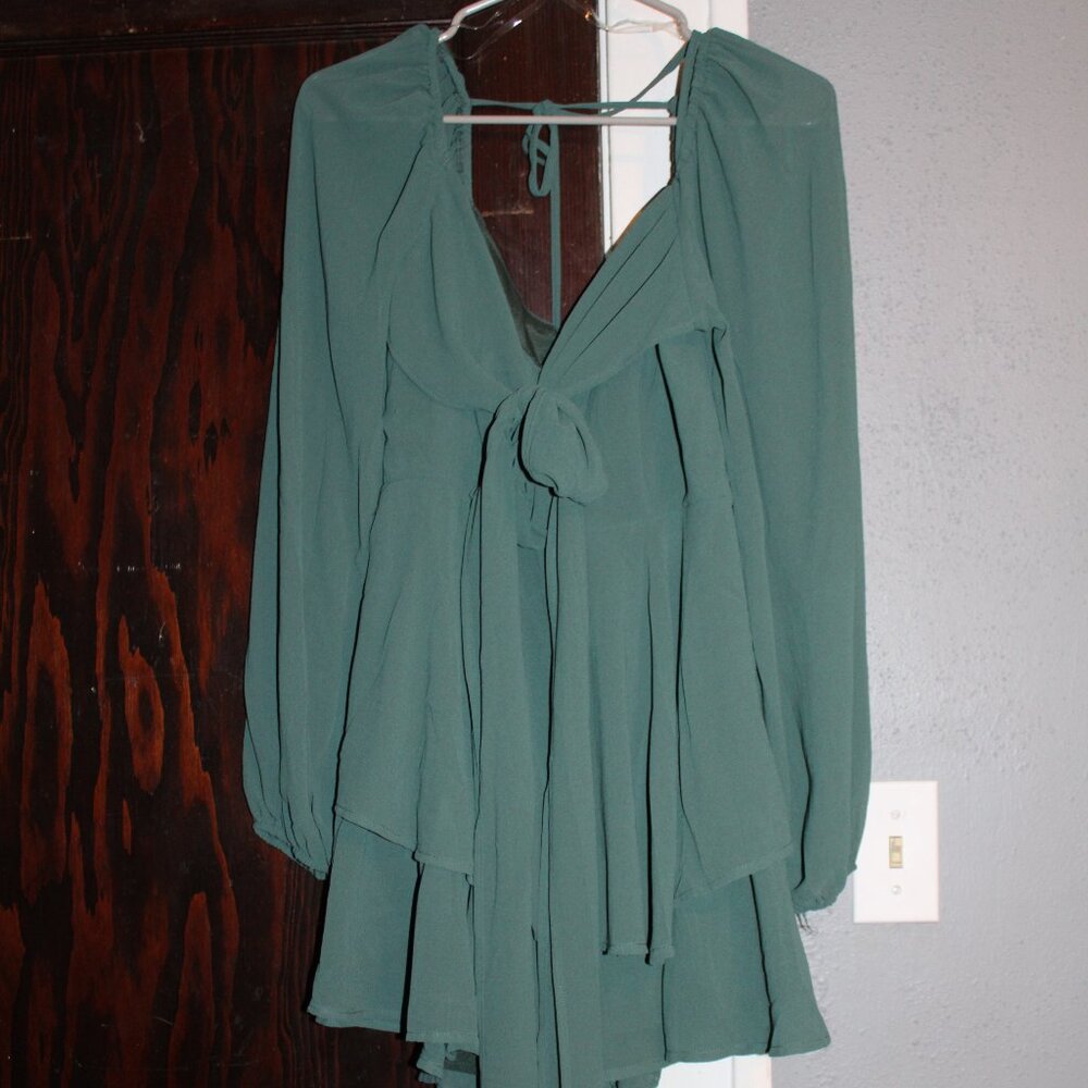 HYFVE Teal Chiffon Crossover Mini Dress Sheer Sleeves NEW w/ TAGS Shorts Under